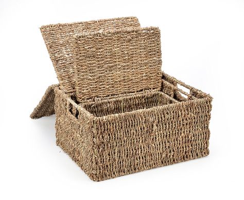 AmazonSmile: Set of 3 Rectangular Seagrass Baskets with Lids by Trademark Innovations: Home & Kitchen Baskets With Lids, Bedroom Laundry Room, Seagrass Baskets, Bedroom Laundry, Wicker Trunk, Seagrass Basket, Home Decor Baskets, Basket Set, Iron Wire