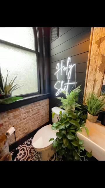 Neon Sign On Mirror, Neon Signs Bathroom, Neon Sign Bathroom, Sanctuary Bathroom, Bathroom Neon Sign, Dark Shiplap, Neon Bathroom, Apartment Refresh, Esthetics Room