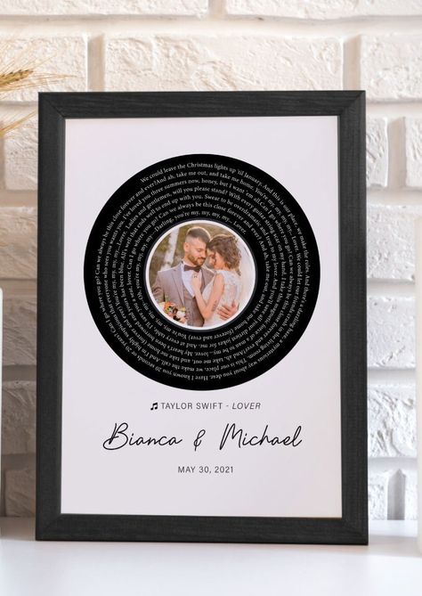 "This custom lyrics photo record print decor can be personalized with your favorite song lyrics or quotes.  This print decor is a memorable gift for weddings, anniversaries, engagements, or special occasions. After your purchase, please provide your font and color preferences in the personalization box along with your song lyric, vows, or quote selection. The proof of your custom record label print will be shared with you before preparing for shipment. The print will be shipped as is if there ar Wedding Song Picture Lyrics, Vinyl Station, Custom Record, Lyrics Photo, Wedding Lyrics, Father Daughter Dance Songs, Record Print, Wedding Song Lyrics, Record Vinyl