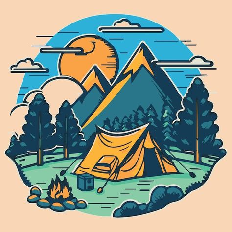 Tent Illustration Camping, Camping Vector Illustration, Campsite Illustration, Camping Artwork, Scout Illustration, Camp Drawing, Campsite Design, Camping Background, Camp Illustration