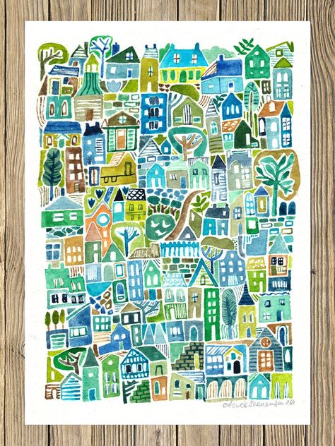 A giclee print on fine art, archival paper. It is part of a limited edition of 100. It is available in A3 (11.7 x 16.5 inches) and A4 (8n.3 x 11.7 inches). Signed by the artist. Drawing Tops, Village Watercolor Painting, Ipad Inspiration, Village Watercolor, Map Embroidery, Watercolour Journal, Whimsical Houses, Art Unit, Travel Art Journal