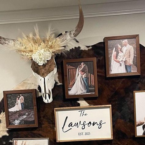 Courtney Cook on Instagram: "Thankful for customer pictures 🫶 Loving the inspiration for a wall in my new house 🥰 #courtneyscustomcowskulls #cowhide #longhorn #homedecor #bohowesternstyle #idaho #countrydecor #farmhousedecor #rusticdecoration #cowgal #viralpost #taxidermy #cowgirls #countrygirl #farmgirl" Cow Hide With Pictures On Wall, Cow Skull Wall Decor Ideas, Cowhide Rug Wall Decor, Cowhide Rug On Wall, Cow Hide Wall Decor Ideas, Cowhide On Wall, Cowhide Backdrop, Cowhide Wall Decor, Cowhide On Wall Ideas