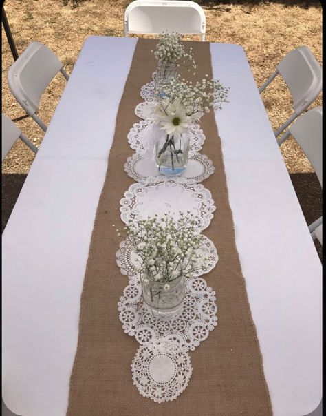 Simple Table Decor For Party, Comunion Table Ideas Decoration, Paper Doily Table Runner, Cheap Table Cloth Ideas Party, Confirmation Decoration Ideas, Creative Table Decor, Simple Party Table Decorations, Simple Wedding Reception Decorations Diy, Table Decorations For 90th Birthday Party