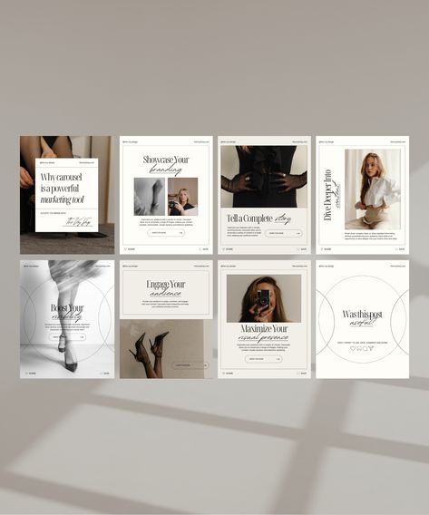 This collection of premade Instagram Carousel Post Templates elevates your social media with 8 modern, aesthetic, and minimalist graphics, fully customizable in Canva. 
.#CanvaTemplates #SocialMediaDesign #InstagramIdeas #PinterestTemplates #CreativeCanva Instagram Grid Ideas For Business, Aesthetic Ig Post Template, Instagram Swipe Post Design, Creative Instagram Carousel Ideas, Instagram Post Minimalist, Aesthetic Carousel Post, Instagram Carousel Design Ideas, Minimalist Social Media Design, Instagram Post Design Ideas