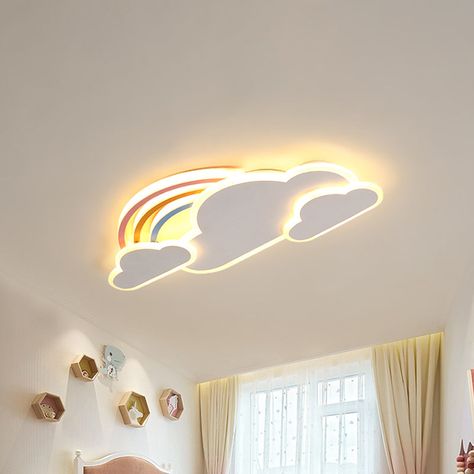 White/Pink Rainbow Cloudy Ceiling Light Cartoon Metallic LED Flush-Mount Light Fixture, Warm/White Light Rainbow False Ceiling Design, Kids Room False Ceiling Design, Cloudy Ceiling, Rainbow Ceiling, Kids Ceiling Lights, Light Cartoon, Office Vibes, Pink Cartoon, Pop Ceiling Design