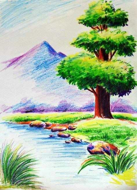 Scenaries Drawing, Natural Scenery Drawing Pencil Colour, Drawing Ideas Creative Unique Nature, Scenery Colour Pencil, Scenery With Oil Pastels, Color Pencil Landscape Drawing, Colour Pencil Drawing Landscape, Landscape Drawings Pencil Colour, Nature Drawing Colourful