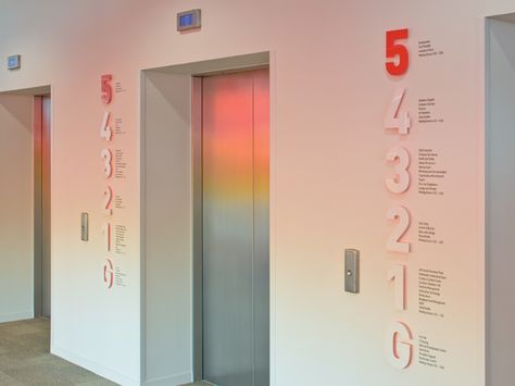 hat-trick design | Inspired Ideas Directory Signage, Hospital Signage, Environmental Graphics Signage, Experiential Graphic Design, Lobby Ideas, Wayfinding Signage Design, Umberto Eco, Office Signage, Elevator Design