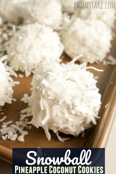 This easy No-Bake Snowball Cookies recipe brings a sweet taste of summer to your holiday festivities. These Hawaiian inspired cookies are so festive and fun with a coconut flake topping and yummy pineapple center. Christmas Receipts, Snowball Cookie, Cracked Cookies, Coconut Cakes, Snowballs Recipe, Easy Baked Pork Chops, Easy No Bake Cookies, Pineapple Cookies, Snowball Cookie Recipe