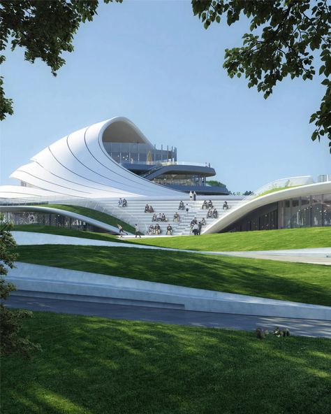 MAD tops Jiaxing Civic Center within continuous undulating roof Parametric Landscape, Mad Architects, Detail Arsitektur, مركز ثقافي, Roof Shapes, Parametric Architecture, Parametric Design, Zaha Hadid Architects, Civic Center