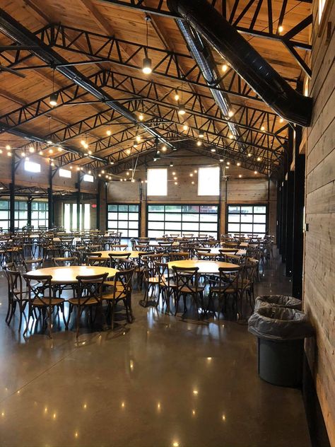 Modern Event Hall Interior Design, Barndominium Restaurant, Metal Trusses Ceiling Exposed, Barn Warehouse Event Space Large Exterior Sliding Door, Warehouse Venue Design, Industrial Event Space, Warehouse Event Space, Event Center Design, Exposed Metal Trusses