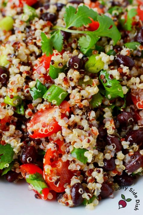 Quinoa Black Bean Salad Black Bean And Garbanzo Bean Salad, Black Bean Bake, Salad With Lime Dressing, Quinoa Black Bean Salad, Bean Bake, Amish Macaroni Salad, Salty Side Dish, Black Bean Salad Recipe, Quinoa Recipes Easy