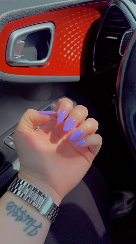 Neon Purple Almond Nails, Purple Acrylic Nails Almond, May Acrylic Nails, Almond Nails Summer Colors, Almond Purple Nails, Almond Nails Solid Color, Purple Almond Acrylic Nails, Purple Dip Nails, Cute May Nails