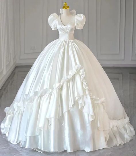 Vintage Puff Sleeves Wedding Dresses Satin Ruffles V Neck Bridal Ball Gowns | eBay Gross Wedding Dress, Wedding Dress With Hoop Skirt, Old Princess Dresses Ball Gowns, White Gothic Wedding Dress Victorian, Long Sleeve Wedding Dress Ball Gown Princesses, Cute Wedding Dresses With Sleeves, Calleigh Core, Wedding Dresses Large Bust, Polynesian Wedding Dress