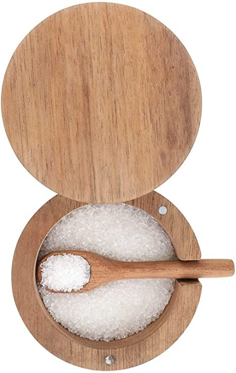 Amazon.com | DGYLL Acacia Wood Salt Container with spoon Salt cellar Salt keeper Spice storage box Condiment pot Sugar bowl with spoon and swiveling lid Size: 3.5DIA x 2.5H inch (1pc no pattern /w spoon): Condiment Pots Wooden Salt Cellar, Wood Salt Cellar, Salt Container, Cold Coffee Recipes, Wood Pots, Pinch Bowls, Pepper Spice, Salt Box, Spice Storage