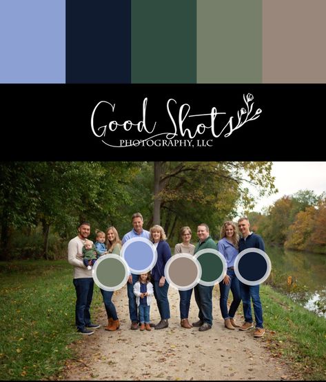 Outfits inspiration for family photos. Navy And Olive Green Family Pictures, Blue Color Palette For Family Photos, Extended Family Pictures Color Scheme Winter, Teal Family Pictures Outfits, Picture Color Schemes, Extended Family Pictures, Family Photo Colors, Nature Outfits, Shots Photography