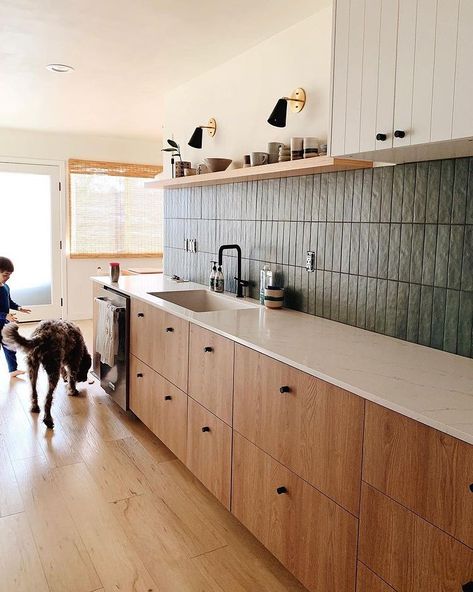 Mid Century Modern Kitchen Ikea, Ikea Flat Front Kitchen Cabinets, Ikea Ash Kitchen Cabinets, Kitchen Wow Factor, Ikea Kitchen With Semihandmade Doors, Simple Ikea Kitchen, Scandi Kitchen Cabinets, Green Vertical Tiles Kitchen, Semihandmade Tahoe Kitchen