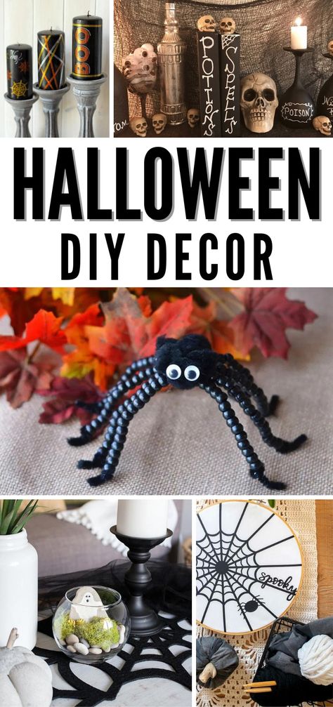 20 Halloween DIY Decor Ideas for Inside and Out! Halloween Ornament Wreath, Cool Projects, Scary Kids, Halloween Potion Bottles, Light Up Pumpkins, Spider Crafts, Pumpkin Template, Beaded Spiders, 3d Craft