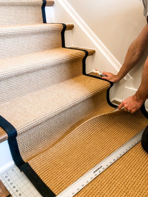 Installing Sisal Stair Runners — Love & Lilly Natural Stair Runner, Diy Staircase Runner, Stair Runner Diy, Mcm Entryway, Sisal Stair Carpet, Diy Stair Runner, Sisal Stair Runner, Steep Staircase, Sisal Runner