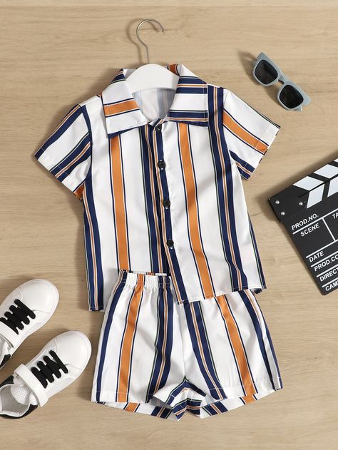 Multicolor Casual Collar Short Sleeve  Striped  Embellished Slight Stretch Summer Toddler Boys Clothing Toddler Boy Outfits Summer, Boys Summer Fashion, Mahabaleshwar, Summer Outfits Kids, Boys Stripes, Striped Short Sleeve Shirt, Striped Bodysuit, Girls Stripes, Versatile Outfits