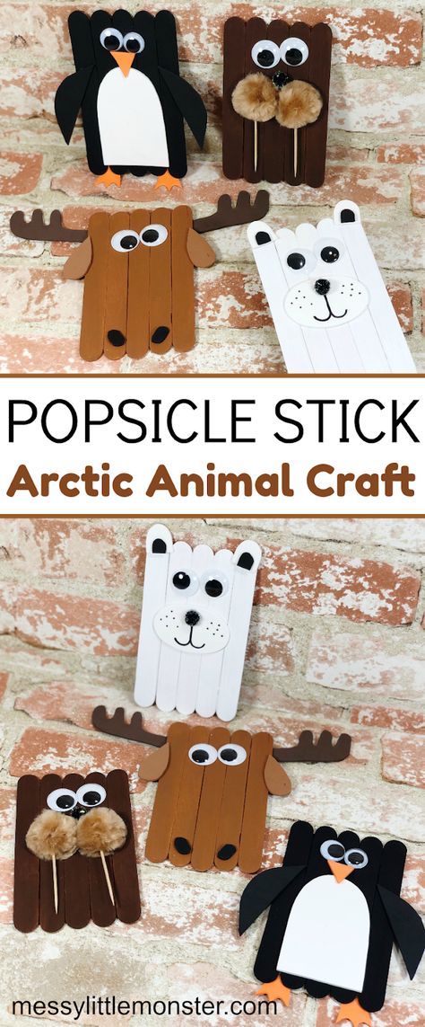 Animal Popsicle Stick Crafts, North Pole Animals Crafts For Kids, Popsicle Stick Winter Crafts, Craft Stick Animals, Holiday Popsicle Stick Crafts, Christmas Popcical Stick Crafts, Jan Crafts For Kids, Winter Popsicle Stick Crafts, Winter Animals Preschool Activities Art Projects