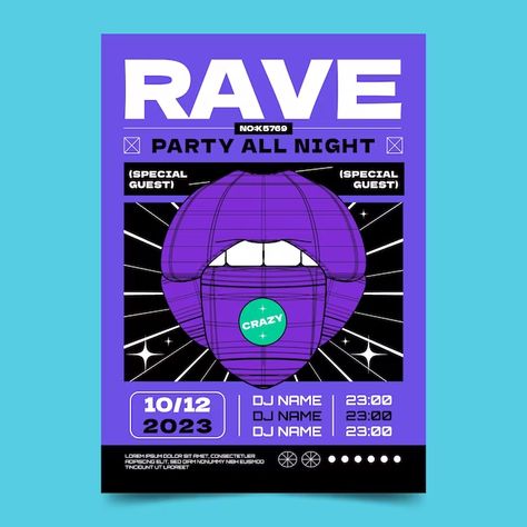 Colorful Template Design, Rave Poster Design Party Flyer 90s, Rave Invitations, Rave Design Poster, Techno Birthday Party, Rave Party Poster, Rave Poster Design, Techno Party Poster, Party Poster Ideas