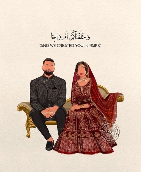 Muslim Wedding Couple Illustration, Nikah Illustration, Muslim Wedding Caricature, Nikkah Invitation Cards, Couple Wedding Illustration, Bride Cartoon, Wedding Cards Images, Wedding Illustration Card, Couple Illustration Wedding