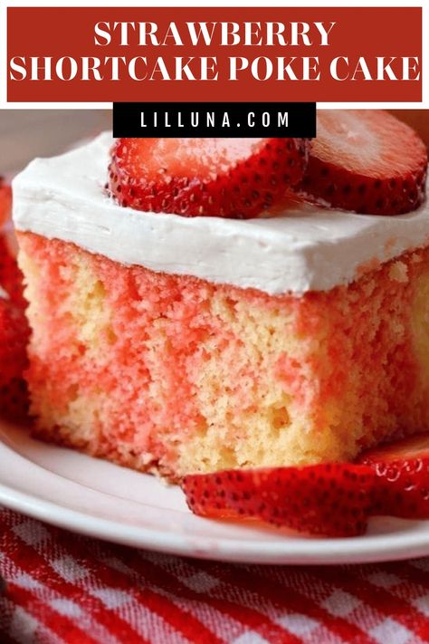 This Strawberry Shortcake Poke Cake is the perfect cool and refreshing dessert. Yellow cake with strawberry gelatin poked throughout, topped with a delicious whipped topping and fresh strawberries - everyone loves this strawberry poke cake! #strawberryshortcakepokecake #pokecake #strawberryshortcake #strawberry #shortcake Shortcake Cake Recipe, Strawberry Shortcake Poke Cake, Strawberry Gelatin, Strawberry Poke Cake, Strawberry Poke Cakes, Shortcake Cake, Strawberry Shortcake Cake, Shortcake Recipe, Poke Cake Recipes