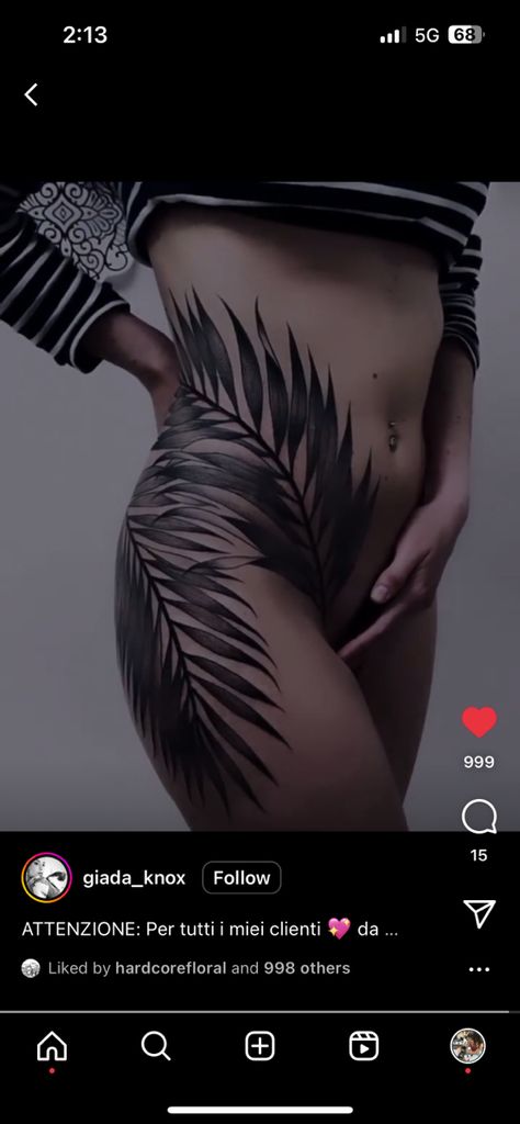 Waist Cover Up Tattoos Women, Fern Hip Tattoos Women, Hip Tattoos Women Cover Up, Thigh Tattoo Cover Up Ideas, Hip Buttocks Tattoo, Fern Hip Tattoo, Tattoo Around Belly Button, Upper Hip Tattoo, Tropical Plant Tattoo