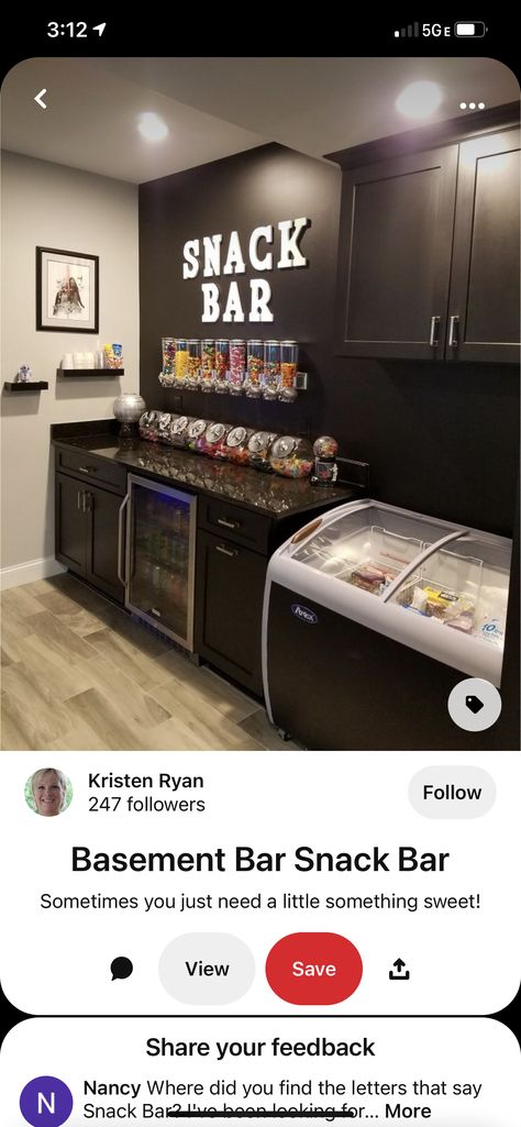 Entertainment Room Snack Bar, Snack Area In Family Room, Snack Bar For Basement, Downstairs Entertainment Room, Diy Concession Stand Home Theaters, Concession Stand Basement, Hang Out Game Room Ideas, Finished Basement Sports Theme, Game Room Theater