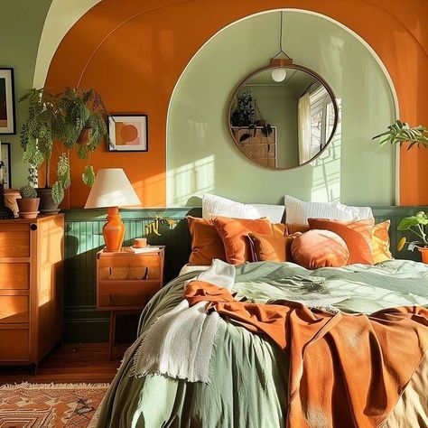 Orange Rustic Bedroom, Green And Orange Bedroom Decor, Dark Orange Bedroom Ideas, Sage Orange Bedroom, Bedroom Inspirations 70s, Orange Green Room Aesthetic, Warm Colour Bedroom, Bedroom Inspirations Colourful, Green And Terra Cotta Bedroom