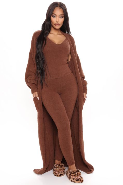 Available In Black, Brown, Peach, And Purple. 3 Piece Legging Set Tank Top V Neck Duster Cardigan Pockets High Rise Leggings Stretch 100% Polyester Imported | Living So Cozy 3 Piece Legging Set in Brown size 1X by Fashion Nova Fashion Nova Outfits, Duster Cardigan, Cute Comfy Outfits, High Rise Leggings, Curvy Outfits, Womens Loungewear, Shop Maxi Dresses, Brown Fashion, Mode Style