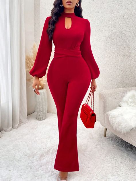 Pink Elegant Collar Long Sleeve Fabric Plain Other Embellished Slight Stretch  Women Clothing Bodycon Jumpsuit Outfit, Jumpsuits For Ladies, Flare Leg Jumpsuit, Shop Outfits, Jumpsuit Pink, Colorful Jumpsuit, Jumpsuit Outfit, Business Wear, Keyhole Neckline