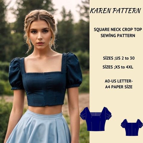 Squara Neck Crop Top Sewing Pattern, Short Sleeve Cottagecore Crop Top,Fitted Crop Top Pattern, Crop Blouse Top,Coquette XS-4XL Patterns For Blouses For Women, Womens Crop Top Sewing Pattern, Crop Shirt Pattern Sewing, Pattern Clothes Women, Free Womens Top Sewing Pattern, Cute Top Sewing Patterns Free, Cropping A Shirt, Free Crop Top Sewing Pattern, Sewing Crop Top