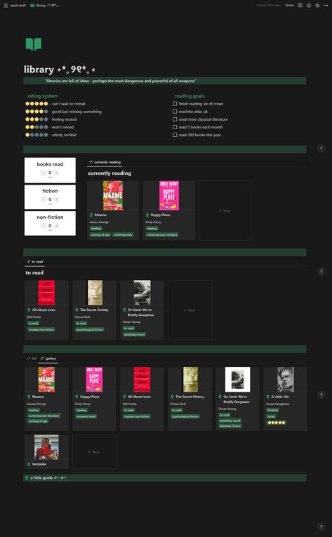 this is a notion book library template + guide Library Green, Notion Library, Notion Inspo, Notion Ideas, Mobile Library, Rating System, Kanban Board, Book Library, Small Business Planner