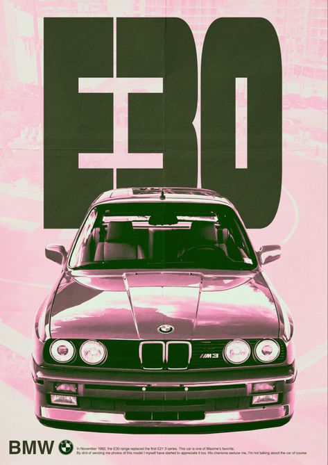 car poster e30 duochrome design 
affiche de voiture design modèle e30 kaki et rose Cool Bmw Cars, Bmw E30 M3 Poster, Vintage Bmw Poster, Pink Car Poster, Pink Bmw E30, Bmw E36 Poster, Bmw E30 Poster, Bmw Poster Design, Bmw E40