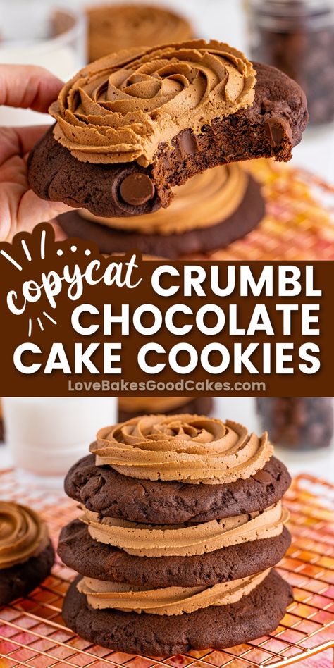 Crumbl Chocolate Cake Cookies pin collage Crumbl Chocolate Cake Cookie Copycat, Chocolate Cake Crumbl Cookie, Cake Crumb Cookies, Crumbl Chocolate Cake Cookie, Gourmet Drop Cookie Recipes, Crumbl Chocolate Cookie, Crumble Cookie Copycat Recipe Chocolate, Chocolate Baking Recipes, Copycat Cookies