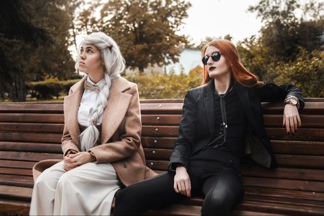 Aziraphale And Crowley Costume, Crowley Aziraphale Cosplay, Crowley Costume Female, Fem Crowley Cosplay, Crowley Cosplay Female, Innefable Wives, Fem Aziraphale And Crowley, Aziraphale Costume, Female Aziraphale