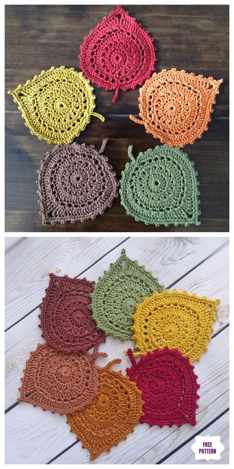 Leaf Coaster, Leaf Coasters, Coasters Crochet, Crochet Puff Flower, Crochet Leaf, Crochet Coasters Free Pattern, Crochet Leaf Patterns, Coaster Pattern, Fall Crochet Patterns