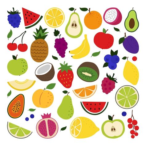 Vector set of hand drawn fruits and berr... | Premium Vector #Freepik #vector #fruit-set #fruit-cartoon #food-fruit #fruit Cartoon Fruit Painting, Fruit Cartoon Illustrations, How To Draw A Fruit, Cartoon Fruit Drawing, Retro Fruit Illustration, Fruit Drawing Simple, Cute Fruit Illustration, Fruit Doodles, Doodle Fruit