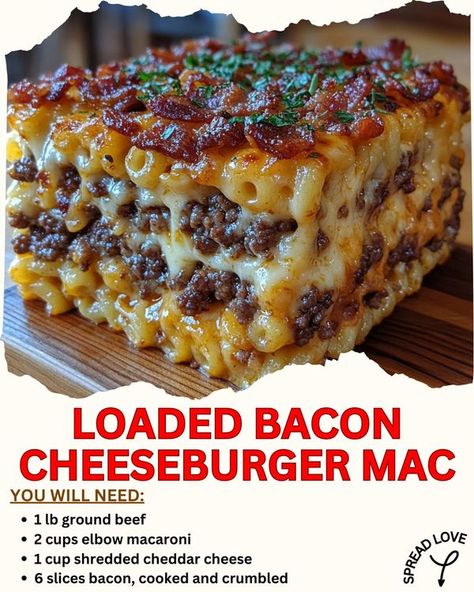 Easy Recipes By Crenn | Loaded Bacon Cheeseburger Mac 🍝🥓🧀 | Facebook Cheeseburger Mac, Juicy Burger, Filled Pasta, Shredded Cheddar Cheese, Beef Casserole Recipes, Cheesy Bacon, Bacon Cheeseburger, Elbow Macaroni, Food Babe