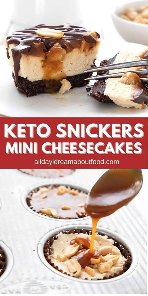 Keto mini cheesecake that tastes like biting into a Snickers Bar! These individual sized cheesecakes feature a no bake crust and filling, with a delicious peanut and caramel topping. You won't believe it's sugar-free. Keto Mini Desserts, Keto Cheesecake Bars No Bake, No Bake Keto Dessert Easy, Keto Snickers Cheesecake, Healthy Desserts Keto, Delicious Soft Foods, Keto Cheesecake Recipes Easy No Bake, Swerve Recipes Desserts, Keto Cheesecake Cupcakes