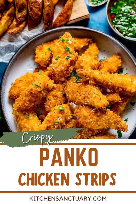 Succulent and juicy baked Crispy Panko Chicken Strips. Tender pieces of chicken breast coated in panko and baked until they're nice and crispy. A fantastic lighter way to make crispy chicken strips that adults and kids will love! After baking, pile the chicken up in a bowl or plate and serve it with a side of fries and your favourite sauce. Oh and don't forget to serve them with a sauce. Chicken Breast Strips Recipes, Tender Chicken Breast Recipes, Panko Fried Chicken, Chicken Tender Recipes Baked, Baked Panko Chicken, Baked Crispy Chicken, Homemade Chicken Strips, Panko Breaded Chicken, Breaded Chicken Strips