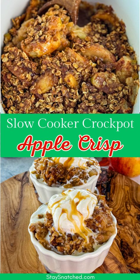 Enjoy the ultimate fall dessert with this slow cooker Crockpot apple crisp! This classic dish is topped with creamy vanilla ice cream and drizzled with rich caramel sauce making it the best easy-to-make treat for any occasion. Let your slow cooker do the work while you savor the warm, comforting flavors of cinnamon-spiced apples and a buttery, crumbly topping. Crockpot Apple Crisp Without Oats, Easy Slow Cooker Apple Crisp, Slow Cooker Apple Dessert Recipes, Apple Recipes Crockpot Simple, Apple Crisp Recipe In Crockpot, Fall Foods Crockpot, Healthy Crockpot Dessert Recipes, Cinnamon Apple Crockpot, Apple Pie In Crockpot