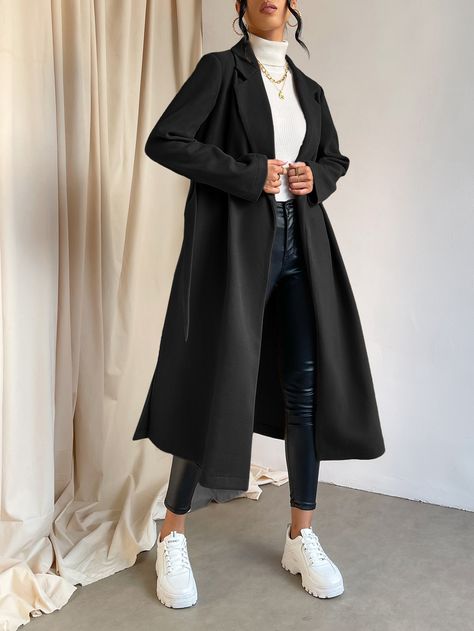 Black Elegant Collar Long Sleeve Fabric Plain Wrap Embellished Non-Stretch  Women Clothing Long Black Trench Coat, Slipper Outfit, Seasonal Wardrobe, Split Design, Casual Weekend, Ținută Casual, Elegantes Outfit, Look Vintage, Autumn Outfit