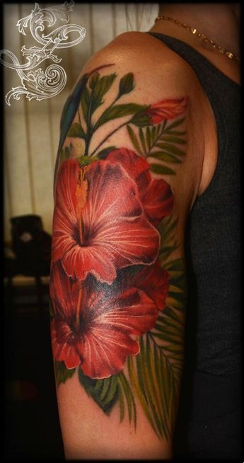 Roses And Hibiscus Tattoo, Red Flower Sleeve Tattoo, Hawaiian Flower Tattoos Sleeve, Hibiscus Flower Tattoos Sleeve, Flower Back Tattoo Women, Floral Tattoo Design Sleeve, Wolf Sketch Tattoo, Exotic Flower Tattoos, Blue Flower Tattoo