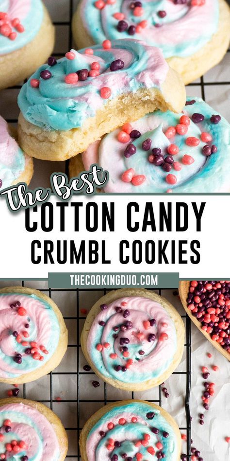 Close-up of cotton candy cookies on a cooling rack. American Baked Goods, Crumbl Christmas Flavors, Nerds Candy Recipe, Cooking With Karli Crumbl Cookies, Cookie Dunkers With Buttercream, Cookie Dippers Recipe, Cute Recipes Aesthetic, Deep Dish Cookie Recipe, Crumble Sugar Cookie Recipe