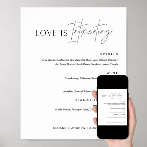 HARLOW Love Is Intoxicating Bar Menu Sign 8x10  Zazzle Love Is Intoxicating, Appleton Rum, Bar Menu Sign, Menu Sign, Vanilla Vodka, Cocktail Menu, Wedding Drink, Jack Daniels Whiskey, Bar Menu