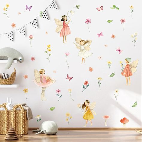 PRICES MAY VARY. 【Exquisite Patterns】Enchant your nursery or your child's bedroom with this delightful fairy wall decal, featuring a watercolor-inspired design that brings a fairytale world to life. The intricate fairies and their magical surroundings will transform the room into a whimsical haven of imagination and wonder. 【Simple Application】These fairy wall stickers are made from high-quality self-adhesive vinyl, making them incredibly simple to apply and remove. They are non-toxic, odorless, Rainbow Garden, Fairy Stickers, Butterfly Wall Decals, Wall Decor Decals, Fairy Girl, Removable Wall Decals, Watercolor Walls, Wall Decor Stickers, Baby Bedroom