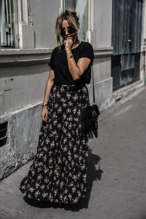 LONG BOHEMIAN SKIRT Long Skirts With Belts, Belted Maxi Skirt, Long Skirt Casual Outfit Summer, Witchy Skirt Outfit, Long Black Floral Skirt Outfit, Black Long Skirt Outfit Ideas, Black Floral Maxi Skirt Outfit, Long Boho Skirt Outfit, Long Skirt Doc Martens Outfit