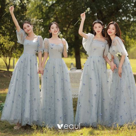 Modest / Simple Grey Butterfly Bridesmaid Dresses 2022 A-Line / Princess Square Neckline Short Sleeve Backless Floor-Length / Long Wedding Party Dresses Butterfly Bridesmaid Dress, Korean Bridesmaid Dresses, Grey Butterfly, Womens Tulle Skirt, Lace Dress Casual, Blue Outfits, Beautiful Evening Dresses, Dresses 2022, Myanmar Dress